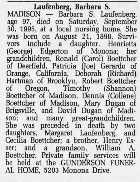 Obituary for Barbara S. Laufenberg, 1898-1995 (Aged 97)